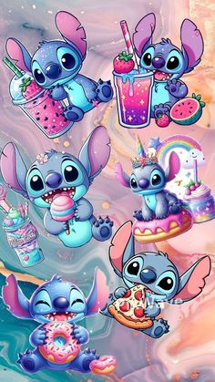 some cute little cartoon animals eating cake and ice creams on top of each other