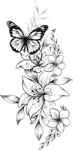 a black and white drawing of flowers with a butterfly on top