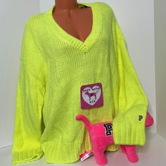 New With Tags Victoria’s Secret Pink Sweater Cable Knit Logo Cozy Fluffy Soft V Neck Ribbed Fuzzy Size Large Price Firm No Offers Please L Logo, Knit Logo, Fuzzy Sweater, Neon Color, Logo Embroidery, Pink Sweater, Embroidery Logo, Victoria's Secret Pink, Secret Pink