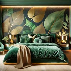 a bedroom with green bedding and large leaf painting on the wall next to it