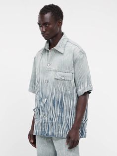 Upside-Down Denim Shirt (241-M4102-D003-DISTRESSED) Indigo Denim Short Sleeve Shirt, Indigo Short Sleeve Denim Shirt, Walter Van Beirendonck, 1017 Alyx 9sm, Dion Lee, Blazer Vest, Leather Shorts, Jogger Jeans, Outerwear Coats