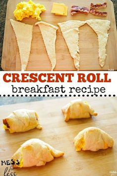 crescent roll breakfast recipe with eggs and cheese on it, cut up into four pieces