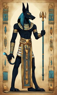 an egyptian god with blue hair and gold jewelry holding a staff in front of his body