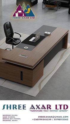 an office desk with a chair in front of it and the words shree axar ltd