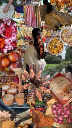 the collage shows many different items and people around them, including fruit, flowers, bread