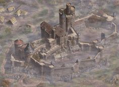 an aerial view of a medieval castle in the fog