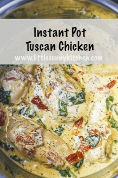 instant pot tuscann chicken in a white sauce with tomatoes and spinach leaves