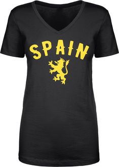 Show your Spanish pride We prefer to print this design on Next Level's LADIES Ideal T line which is 60% combed ringspun cotton/40% polyester (yes, that is the good soft stuff, not the cheap scratchy kind), but if those are not available from our supplier for the size and color you'd like we will use a comparable brand as a replacement to get you your item as soon as possible with the same quality and feel you've come to expect from Next Level. The design is printed and shipped in the USA. If you Novelty Clothing, Sports Fan, Coat Of Arms, Soccer Jersey, Sizing Chart, Womens Clothing Tops, The Good, Not Available, Cold Water