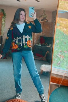 Pumpkin Cardigan Outfit, Art Teacher Wardrobe, Librarian Outfit Ideas, What Should I Wear Today Fall, Skater Teacher Outfits, Halloween Cardigan Outfit, Elementary Outfits Teachers, Elementary Librarian Outfits, High School Art Teacher Outfits