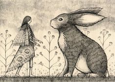 a drawing of a woman standing next to a rabbit in front of a flower field