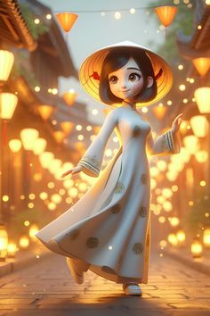 an animated woman in a white dress and hat standing on a street with lanterns behind her