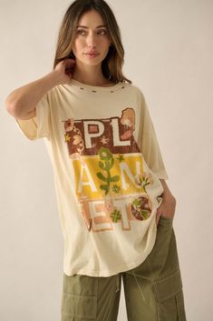 Planet Earth Vintage-Wash Distressed Graphic Tee - ShopPromesa Distressed Graphic Tee, Concept Inspiration, Photo Concept, Floral Graphics, Text Print, Vintage Canvas, Planet Earth, Oversized Fits, Drop Shoulder