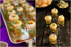 there are several different foods on the table and in glass cups next to each other