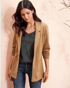 Knit Relaxed Blazer | Garnet Hill Knit Blazer Outfit, Camel Blazer Outfits Women, Camel Blazer Outfit, Blazer Outfits Women, Granola Girl Outfits, Relaxed Blazer, Blazer Outfits For Women, Casual Blazer Women, Blazer Outfit