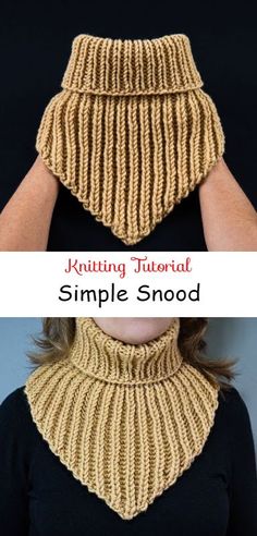 a woman wearing a knitted collar with the words knitting tutor simple snod