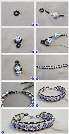 instructions to make beaded bracelets with blue and white flowers on the front, black beads