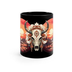 a black mug with an image of a bull's head on it