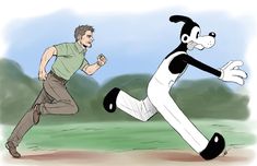 a man running next to a cartoon dog