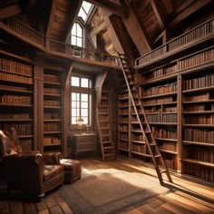 an old library with lots of bookshelves and leather chairs in the corner, along with a ladder to the second floor