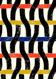 an abstract pattern with wavy lines in black, yellow, red and blue colors on a white background