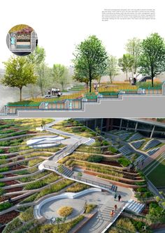 an artist's rendering of a park with trees, benches and people walking around