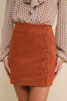 Keep it classic in the Lulus Katherina Rust Brown Button Front Corduroy Skirt! Soft and trendy corduroy shapes this high-waisted skirt with a flattering A-line silhouette and a row of functioning covered buttons along the side. Pair this skirt with a long sleeve top for a fall-approved look! Fit: This garment fits true to size. Length: Mid-thigh. Size medium measures 16.5" from waist to hem. Waist: Fitted - very fitted at natural waist. Hip: Loosely Fitted. Fabric: Fabric has no stretch. Unlined Lulu Skirt, Button Front Skirt, Corduroy Skirt, Covered Buttons, A Line Skirts, Long Sleeve Top, High Waisted Skirt, Long Sleeve Tops, Rust