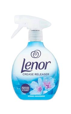 a bottle of lenor hand sanitizer on a white background with blue flowers