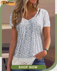 Women's Short Sleeve V-neck Graphic Floral Printed Top Stretch Floral Print V-neck Top, Casual Floral Print V-neck Top For Summer, Casual Blouse With Notched Neckline, Casual Spring Blouse With Notched Neckline, Casual V-neck Tank Top For Spring, Casual Blouse With Notched Neckline For Spring, Casual Stretch V-neck Top For Summer, Casual Stretch Top With Split Neck, Spring Split Neck Tops