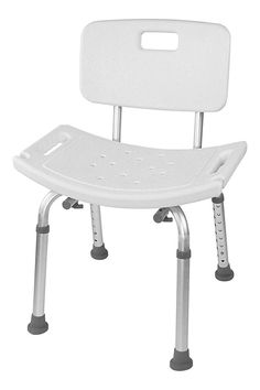 a white shower chair with wheels on the back and seat up to two feet down