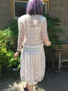 "Lovely Vintage 90's off white lace dress. Sheer see through style. Dare to bare or layer. See that this dress comes with the pink satin lining but we also photographed this with a black slip underneath. (Black slip not included). Measurements for Outer Lace Dress: 14\" Arm 14\" Shoulders 34\" Waist 49\" Length Measurements for Pink Satin Lining: 32\" Bust and Waist 49\" Length" Satin Slip Dress With Contrast Lace V-neck, White Lace Slip Dress With Lace Patchwork, Lace Patchwork Satin Slip Dress, Vintage Cream Lace Slip Dress, Off White Lace Dress, Vintage Pink Slip Dress With Lace Trim, Peacock Green, Satin Wedding Dress, Satin Wedding