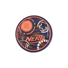 an orange and blue circular sticker with the word nerf on it's side