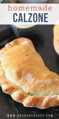 two pieces of bread sitting on top of a black surface next to each other with the words calzones above them