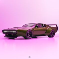 a purple car is shown in front of a pink background