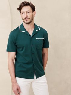 Luxury-Touch Resort Shirt | Banana Republic Resort Shirt, Selling Clothes, Clothing Styles, Luxury Resort, Teal Colors, Hip Length, Chest Pocket, Banana Republic, Mens Polo