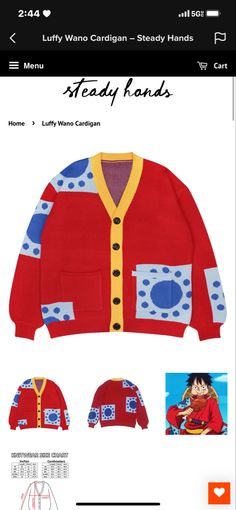 a red cardigan with blue and yellow details on the front, and an image of a