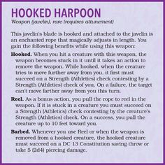 D&D 5e Homebrew Statblock for the Hooked Harpoon magical item – designed by Me.Mimic for fascinating loot. Fantasy High, The Impossible, Home Brewing, Dungeons And Dragons, Let It Be, Quick Saves