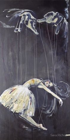 a painting of a ballerina being suspended from strings by two hands in the air