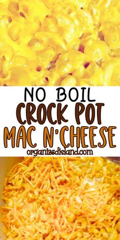 no boil crock pot mac n cheese recipe in a white bowl with text overlay