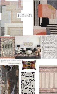 an assortment of rugs and pillows in various colors, sizes and shapes with the words loomy on them