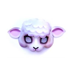 a close up of a sheep head on a white background with black eyes and pink ears