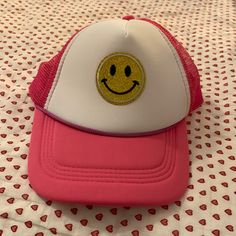 Brand New! Smiley Face, Smiley, Pink And Gold, Trucker Hat, Women Accessories, Brand New, Hats, Pink, Women Shopping