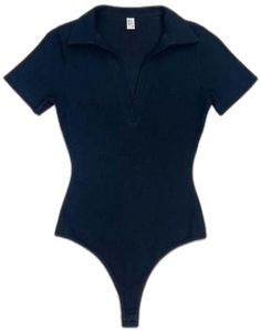 a women's black bodysuit with short sleeves and an open collared neck