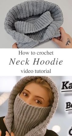 a woman wearing a knitted neck hoodie with the text how to crochet