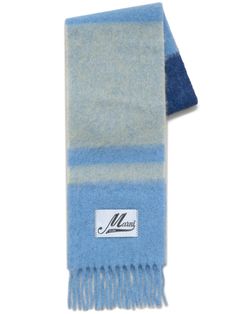 blue mohair-wool blend knitted construction brushed finish horizontal stripe pattern logo patch to the front rectangle shape fringed edge Marni Mohair Scarf, Blue Knitted Scarf One Size, Multicolor Fringe Scarves One Size, Hand-knitted Mohair Scarf For Winter, Blue Knitted Scarf, One Size, Edge Scarf, Alpaca Scarf, Leather Moccasins, Mohair Wool