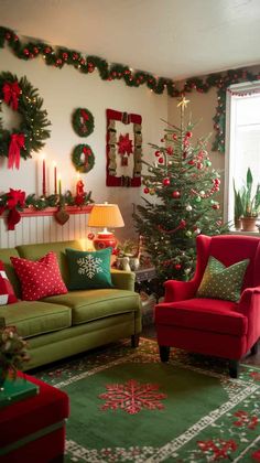 a living room decorated for christmas with red and green furniture