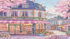 a painting of a store with pink flowers on it