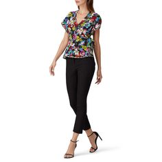 Floral printed crepe (100% Viscose). Top. Short sleeves. V-neckline. 22 from shoulder to hemline. Imported. Floral Print V-neck Tops For Work, Spring Viscose V-neck Top, Fitted Spring Blouse With Notched Neckline, Fitted Blouse With Notched Neckline For Spring, Printed Viscose V-neck Top, Fitted V-neck Blouse With Vibrant Print, Viscose V-neck Blouse, Spring V-neck Top With Notched Neckline For Work, Fitted V-neck Blouse With Floral Print