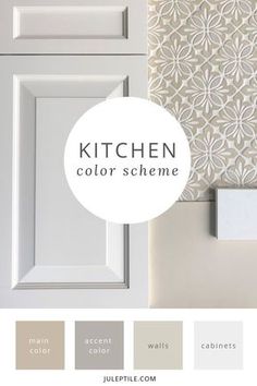 the kitchen color scheme is shown with white cabinets and gray walls, along with beige accents