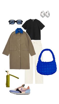 an outfit with white pants, black shirt and blue purse