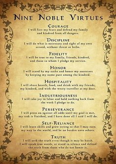 an old parchment style poster with the words nine noble virtudes on it's side